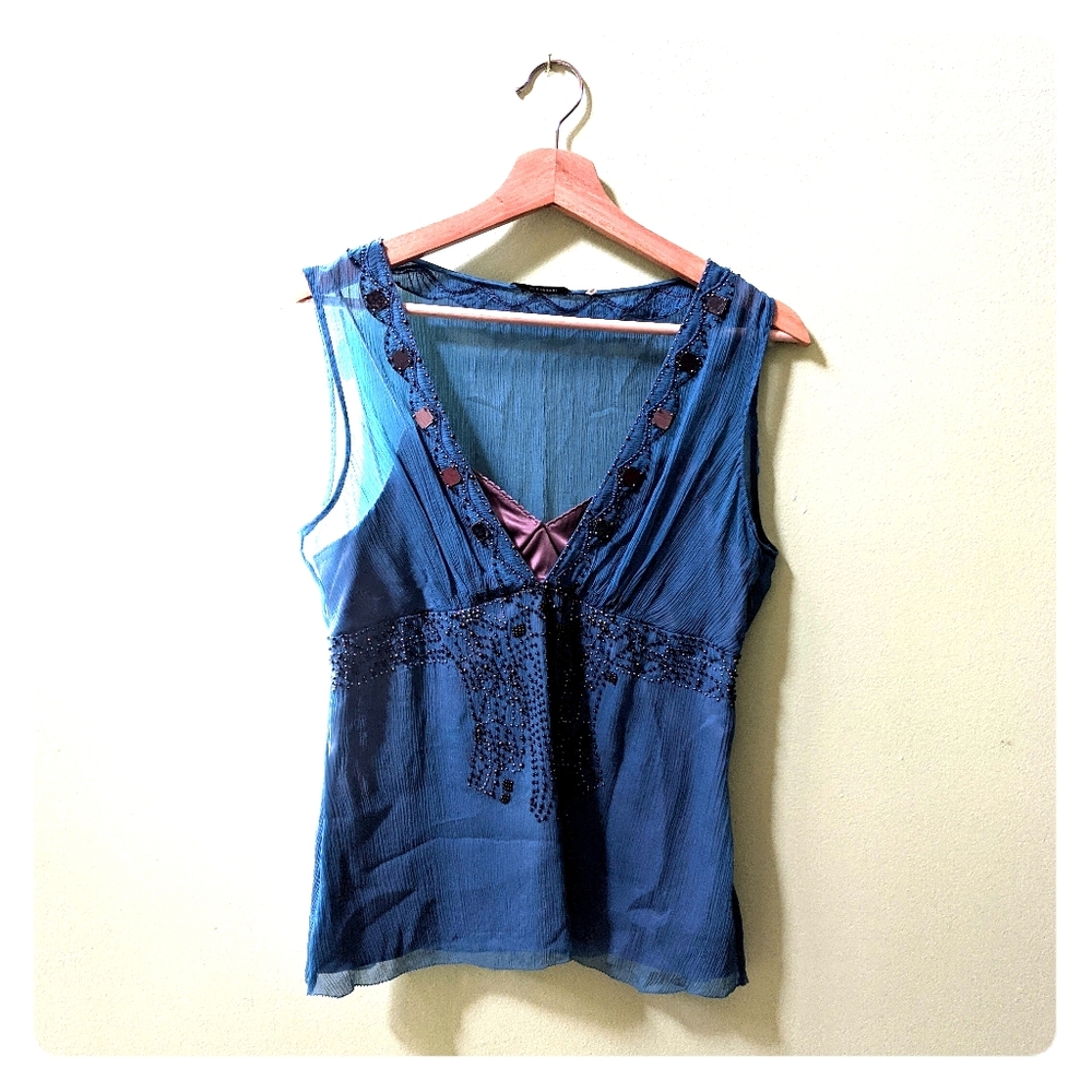 Elie Tahari Teal Beaded Silk Top
